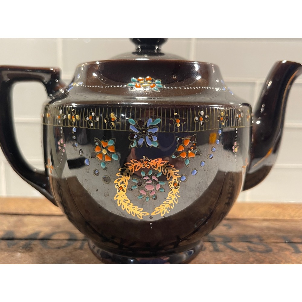 Vintage Made in Occupied Japan Handpainted Brown Floral Teapot w/Lid Gold Trim - Picture 3 of 6